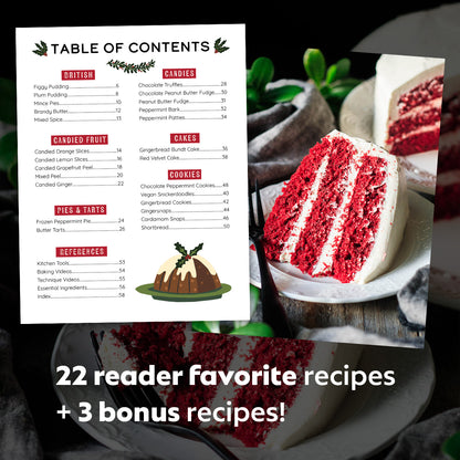 table of contents with a slice of red velvet cake.